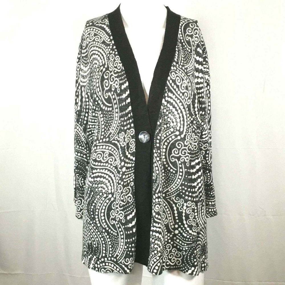 Chicos Cardigan Womens Sz 3 US XL 16 Black White Linen Blend Knit Sweater